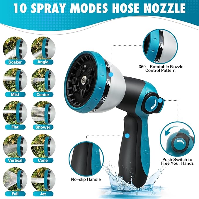 100FT Garden Hose, Non-Expandable Flexible Fabric Water Hose with 10-Function Spray Nozzle, Kink-Free Lightweight Yard Hose with 3/4" Solid Brass Connectors for Lawn, Outdoor, RV & Marine Use