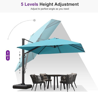 PURPLE LEAF 10 FT Square Patio Umbrella with Base Large Outdoor Aluminum Offset Cantilever Umbrella with 360-degree Rotation for Garden Deck Backyard Pool Turquiose