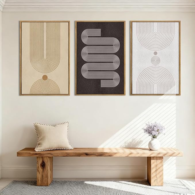 Anyzal Large Abstract Framed Wall Art 16x24 Inch Black Tan Neutral Canvas Wall Decor Modern Minimalist Geometric Line Artwork for Living Room Bedroom Set of 3