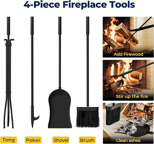AMAGABELI GARDEN & HOME Firewood Rack Indoor with Tools 5-Piece Fireplace Tools Set Wood Holder Outdoor Wrought Iron Log Holder Firewood Storage Rack for Fireplace,Fire Pit,Wood Stove Black