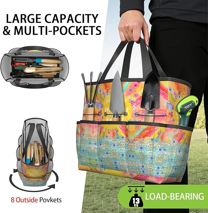 Boho Garden Tool Bag - Waterproof Floral Garden Tote with 8 Pockets, Large Storage Home Organizer Gardening Tool Oxford Bag for Garden Tools Kits Holder, Ideal Outdoor Gardening Gift for Women & Men