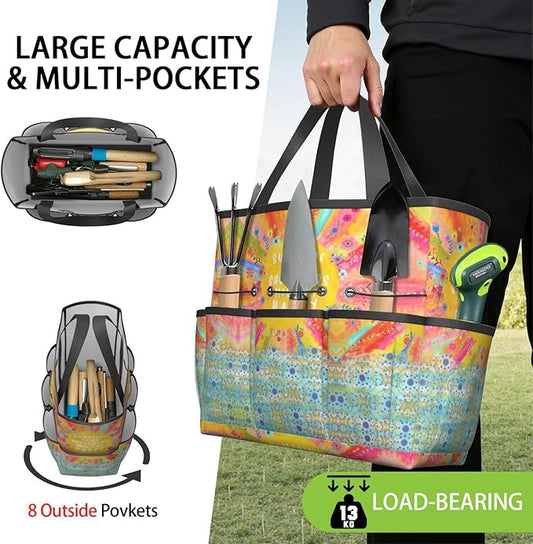 Boho Garden Tool Bag - Waterproof Floral Garden Tote with 8 Pockets, Large Storage Home Organizer Gardening Tool Oxford Bag for Garden Tools Kits Holder, Ideal Outdoor Gardening Gift for Women & Men