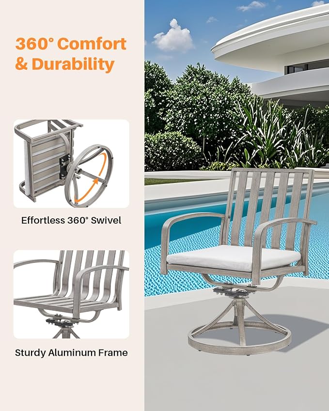 Aluminum Patio Dining Chairs Set of 2, 360°Swivel Outdoor Dining Chairs with Washable Cushions, Deep Seating Swivel Chairs Patio Furniture Set for Deck, Balcony, Garden, Poolside, Limed Oak