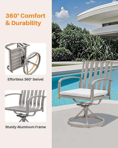 Aluminum Patio Dining Chairs Set of 2, 360°Swivel Outdoor Dining Chairs with Washable Cushions, Deep Seating Swivel Chairs Patio Furniture Set for Deck, Balcony, Garden, Poolside, Limed Oak