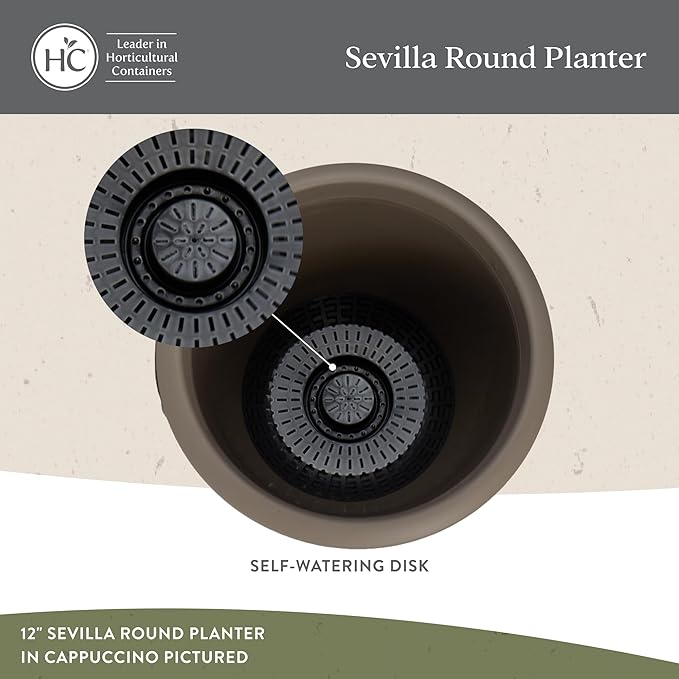 The HC Companies Sevilla Flower Planters - Durable Outdoor & Indoor Planter - Round Lightweight Self Watering Plant Pots for Herbs & More (9" Painted Black, Pack of 1)