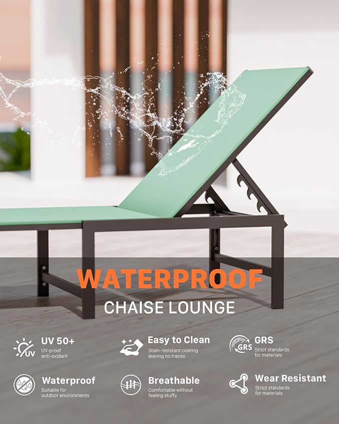 Chaise Lounge Chair Outdoor, Aluminum PatioChairs with 5 Adjustable Backrest and HeadrestPillows for Outside Beach,Green