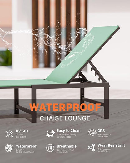 Chaise Lounge Chair Outdoor, Aluminum PatioChairs with 5 Adjustable Backrest and HeadrestPillows for Outside Beach,Green