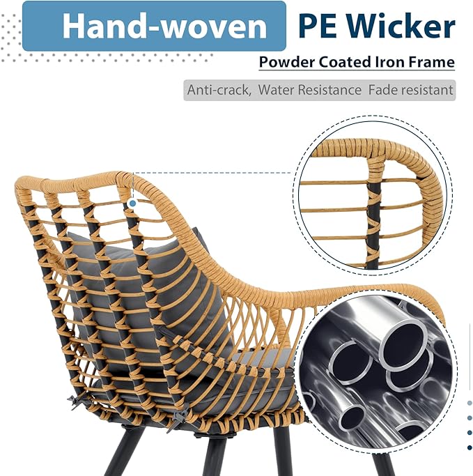 JOIVI 5 Piece Patio Wicker Conversation Set with Ottomans, Outdoor Furniture Bistro Set with Rattan Chairs and Round Side Table for Porch, Balcony, Yard, Gray Cushion