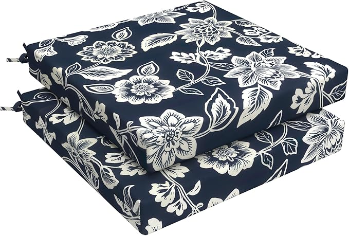 LVTXIII Outdoor Seat Cushions Set of 2 Square Chair Cushions with Ties, Patio Chair Pads for Home Office and Patio Garden Furniture Decoration 22"x22"x3", ‌Elegant Vines Navy
