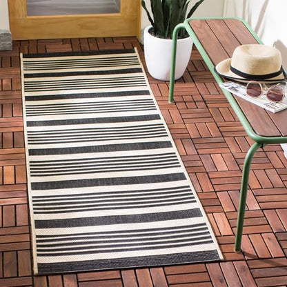 SAFAVIEH Courtyard Collection Runner Rug - 2'3' x 6'7', Black & Bone, Stripe Design, Non-Shedding & Easy Care, Indoor/Outdoor & Washable-Ideal for Patio, Backyard, Mudroom (CY6062-216)