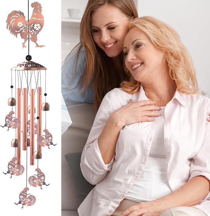 Outside Brass Rooster Wind Chimes – Handcrafted with Deep Melodic Tone, Christmas/Birthday Decor for Garden & Patio Lovers, Unique Housewarming Present for Outdoor Spaces
