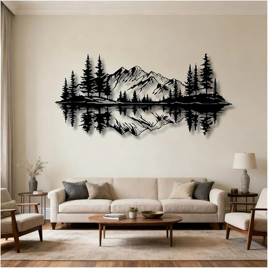 Mountain View Metal Wall Art,Nature Landscape Home Decor with Reflection,Black Iron Sculpture for Bedroom Garden Living Room Outdoor Office(Black,53 x25 in/135x63 cm)