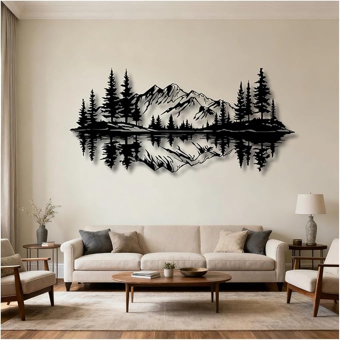 Mountain View Metal Wall Art,Nature Landscape Home Decor with Reflection,Black Iron Sculpture for Bedroom Garden Living Room Outdoor Office(White,48 x22 in/121x56 cm)