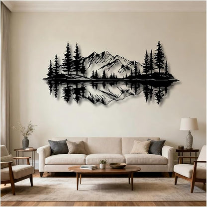 Mountain View Metal Wall Art,Nature Landscape Home Decor with Reflection,Black Iron Sculpture for Bedroom Garden Living Room Outdoor Office(White,48 x22 in/121x56 cm)
