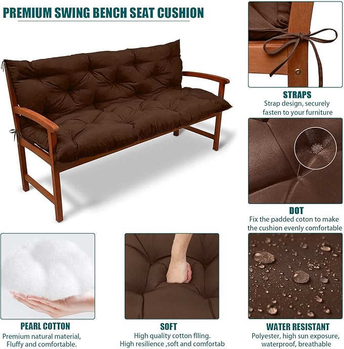 Swing Replacement Seat Cushions, 2-3 Seater Bench Cushions for Outdoor Furnitur with Backrest, Garden Recliner Seat Cushions Waterproof Sofa Pads (Brown, 47x40in)