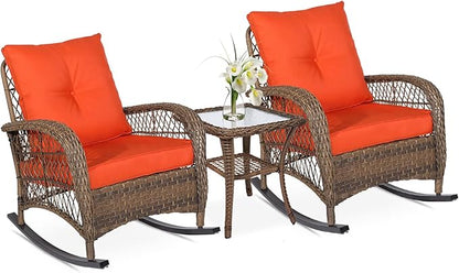 VIVIJASON 3-Piece Outdoor Conversation Bistro Set, Patio Wicker Rocking Chairs Rattan Furniture Sets w/ 2 Rattan Cushioned Chairs and Glass Top Side Table for Garden Porch Backyard (Orange)