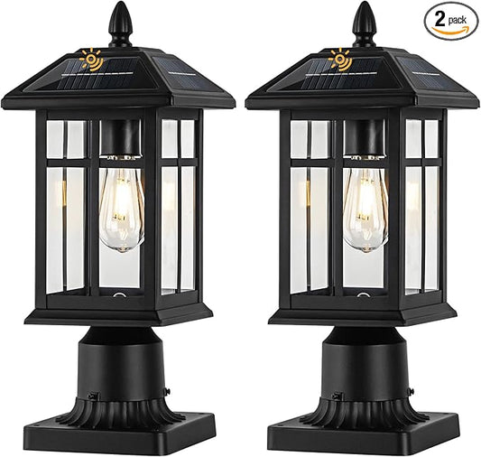 Solar Post Lights 2 Packs, Waterproof Post Lantern with Pier Mount Base, Aluminum Post Lamp Warm White Bulb Included for Yard Garden Pillar Pole Pathway