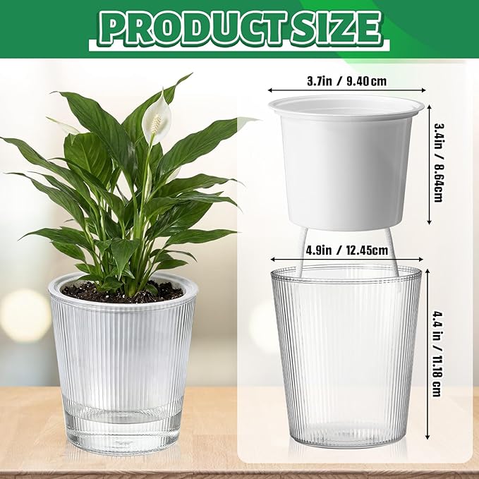 6 Pack Self Watering Pots for Indoor Plants Plastic Vertical Ribbed Semi Transparent Planters, Dual Layer Reservoir for Indoor Succulents Herbs Pothos(Clear, White,4.4 x 4.9 Inch)