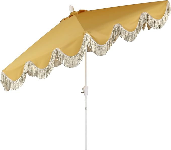 JONATHAN Y UMB1001 Collins 9 ft. Classic Cottage Tassel Market Patio Umbrella with Auto-Tilt, Crank, Wind Vent and UV Protection
