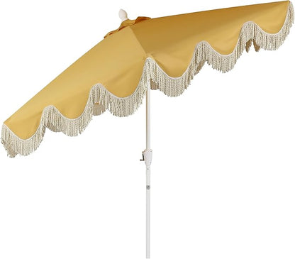 JONATHAN Y UMB1001 Collins 9 ft. Classic Cottage Tassel Market Patio Umbrella with Auto-Tilt, Crank, Wind Vent and UV Protection