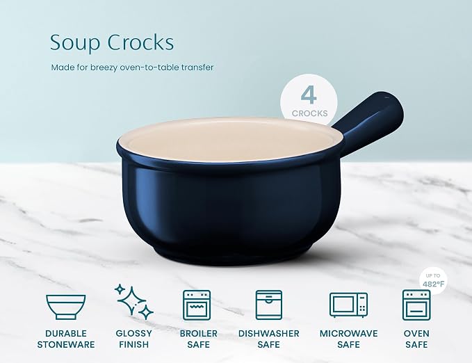 KooK French Onion Soup Bowls, French Onion Soup Crocks, Soup Bowl with Handles, 15 oz, Set of 4, Ceramic Bowls, Microwave, Dishwasher Safe & Oven safe, Stoneware,(Navy)