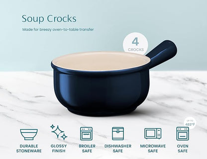 KooK French Onion Soup Bowls, French Onion Soup Crocks, Soup Bowl with Handles, 15 oz, Set of 4, Ceramic Bowls, Microwave, Dishwasher Safe & Oven safe, Stoneware,(Navy)