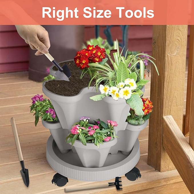 DUNCHATY Stackable Planter, Vertical Garden Planter with Wheels and Tools, Self Watering Strawberry Planter Indoor/Outdoor 4 Tier Herb Planter Pots for Growing Vegetables and Succulents,Gray