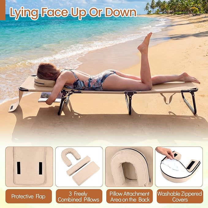 Giantex Folding Beach Tanning Chair - Adjustable Patio Lounge Chair w/Face Hole, Removable Pillows, Carry Strap, Layout Chair, Sunbathing Chaise Lounge Outdoor for Poolside Yard Lawn (2, Beige)