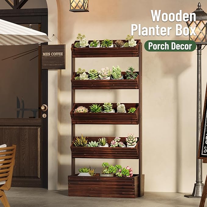 Vertical Wooden Raised Garden Bed, Garden Planters Freestanding Wood Plant Stand Flower Rack Wooden Planter Box for Plants Herbs Flowers Vegetables Outdoor Indoor Gardening (5-Tier Carbonized)