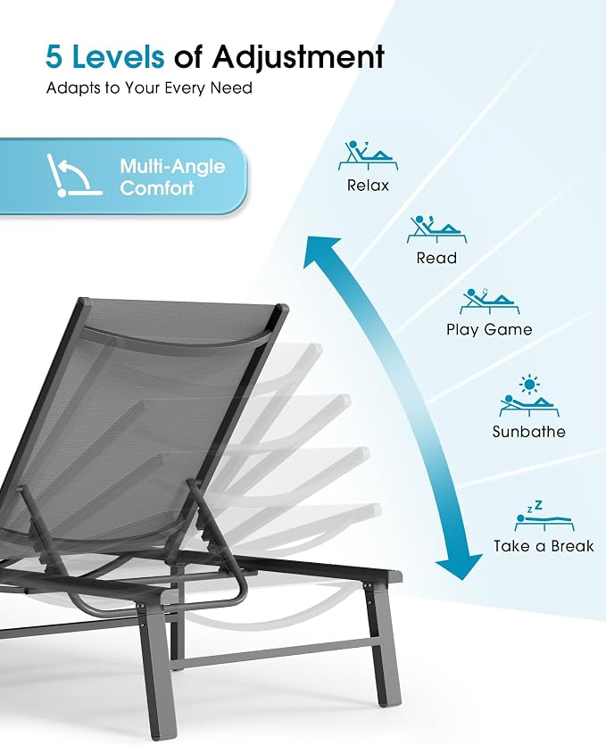 Ciokea Foldable Outdoor Lounge Chair Set of 2, No Assembly Aluminum Chaise Lounge Outdoor with 5 Adjustable Positions, Pool Lounge Chairs with Portable Design for Pool, Deck, Beach, Patio (Grey)