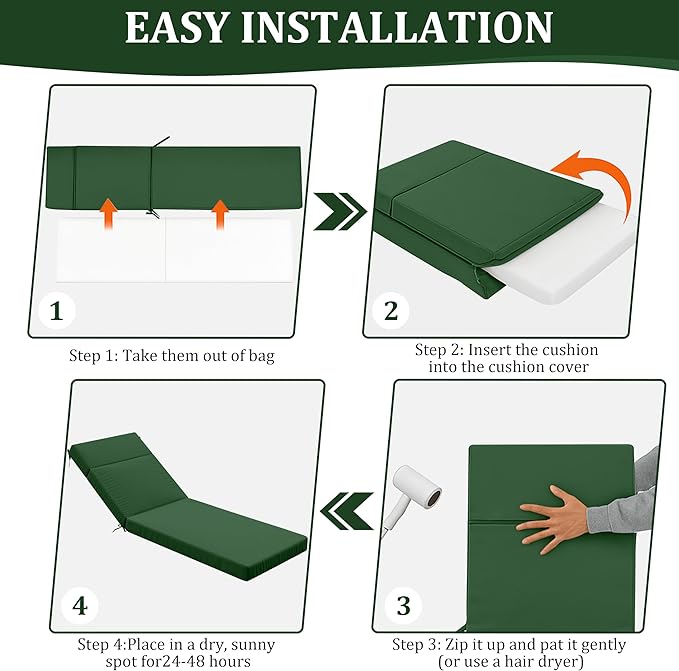 Chaise Lounge Cushion for Outdoor Furniture, Waterproof Fade and Tear Resistant Lounge Deck Chair Cushions for Patio Lawn Pool Resort Hotel