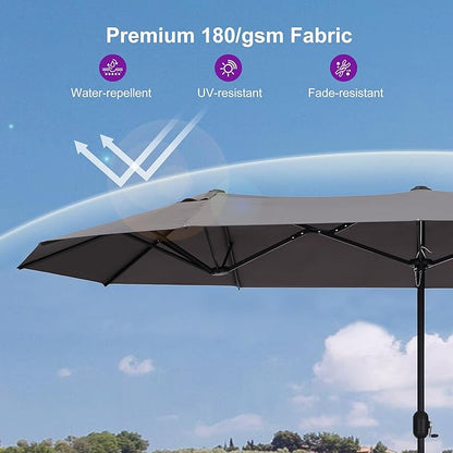 PURPLE LEAF 14ft Patio Market Umbrella with Base Double-Sided Rectangle Outdoor Table Sun Umbrellas with Crank 12 Heavy Duty Sturdy Ribs for Pool Beach Deck Backyard Gray