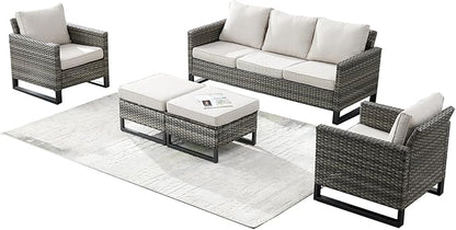 Rilyson Wicker Outdoor Patio Furniture Set - 5 Piece Patio Conversation Set with 2 Wicker Armrest Chairs,2 Rattan Ottoman and 1 Couch for Outside Porch Deck Backyard Garden(Mixed Grey/Beige)