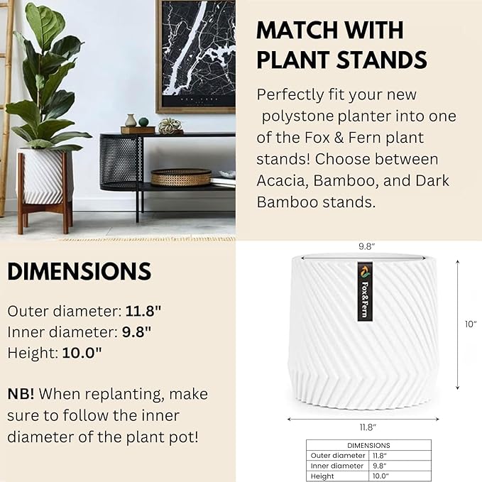 Fox & Fern Large 12 Inch Planter with Drainage Plug — Premium Polystone White Plant Pot - Modern Planter with 3D Texture and Ceramic Finish - 12 Inch Pots for Plants Indoor & Outdoor