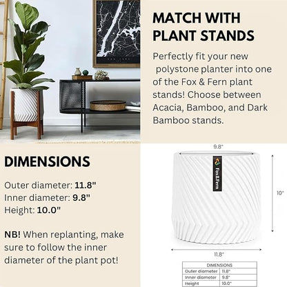 Fox & Fern Large 12 Inch Planter with Drainage Plug — Premium Polystone White Plant Pot - Modern Planter with 3D Texture and Ceramic Finish - 12 Inch Pots for Plants Indoor & Outdoor