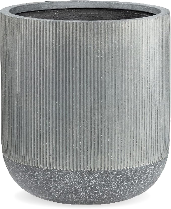 18.7" H x 16.9" D Ribbed Radius Fiberstone Round Planter with Drainage Hole, Weather Resistant for Indoor and Outdoor Use, Included 2 Extra Coco Mats (Charcoal, 15" Pot Opening)