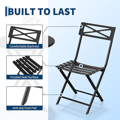 GarveeTech 3-Piece Folding Bistro Set, Heavy Duty Outdoor Patio Furniture with 2 Chairs & 1 Table, Weather-Resistant Steel Frame, No Assembly Required for Garden, Yard, Balcony,Black