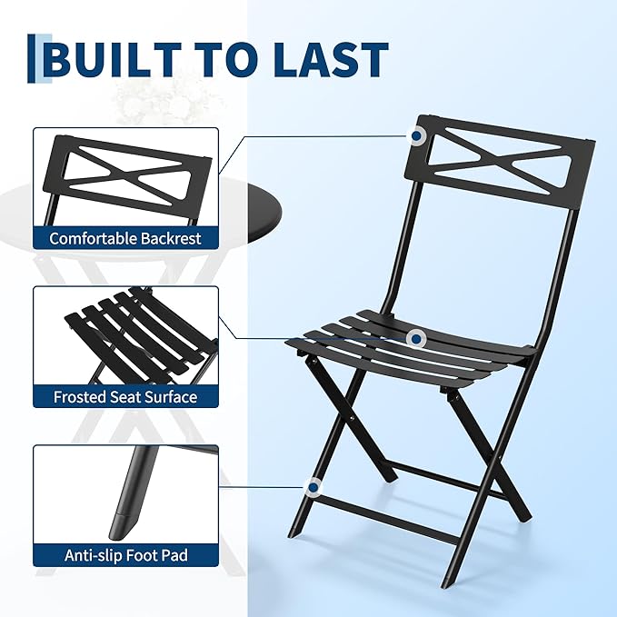 Outdoor Round Bistro Set 3 Piece, Black Iron Patio Furniture Set with Round Table & 2 Chairs, Foldable Steel Backyard Deck Porch Garden Furniture, Space Saving Outdoor Dining Set for Small Spaces