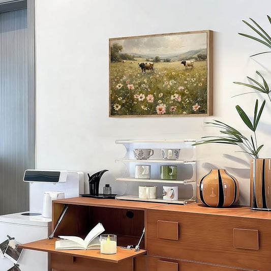 Vintage Canvas Wall Art Cow and Flowers Wall Decor Landscape Countryside Wildflowers Oil Painting Farmhouse Picture Modern Print Rustic Floral Prints for Living Room Bedroom Bathroom 12x16 Inch Framed