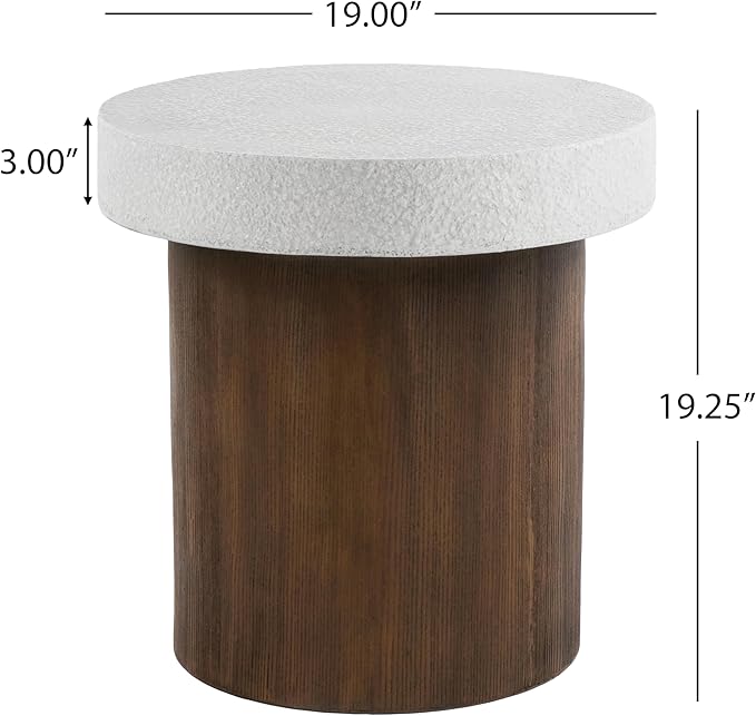 Christopher Knight Home Aurl Outdoor Round Side Table, Lightweight Concrete Patio End Table with Wooden Like Frame, Decorative Accent Table for Patio Garden Porch Balcony, Antique White+Natural
