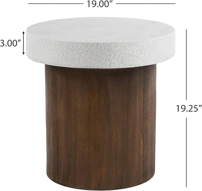 Christopher Knight Home Aurl Outdoor Round Side Table, Lightweight Concrete Patio End Table with Wooden Like Frame, Decorative Accent Table for Patio Garden Porch Balcony, Antique White+Natural