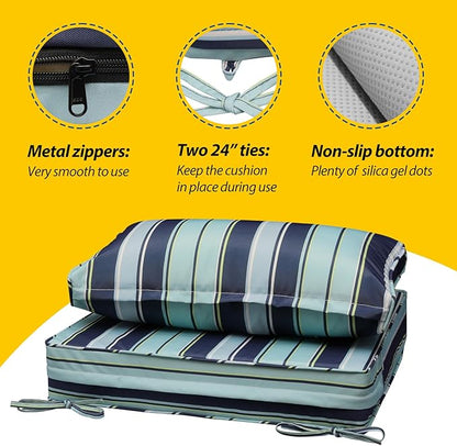 AAAAAcessories Outdoor Seat Cushions for Chairs, Fade-Resistant, Waterproof Patio Furniture Replacement Cushions, 24" x 24" x 5" + 24" x 13.5", Ash Teal Seaside Stripe