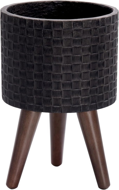 D'vine Dev 8 Inch Modern Geometric Tile Patterned Sleek Planter Pot with Stand, Indoor Outdoor Decorative Plant Holder, Distressed Black, 88-Z-A-5