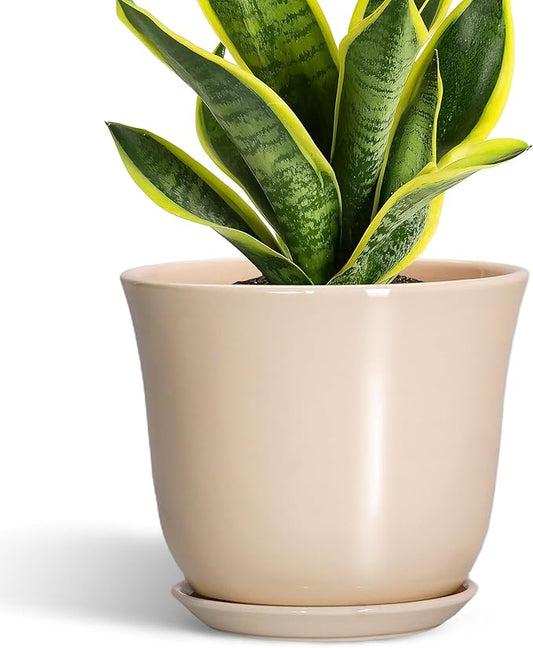 8 Inch Plant Pot - Ceramic Pots for Plants Indoor Outdoor, Round Flower Pots with Drainage Hole and Saucer, Modern Decorative Planters, Home Office Desk Room Decor, Plant Lover Gifts, Beige