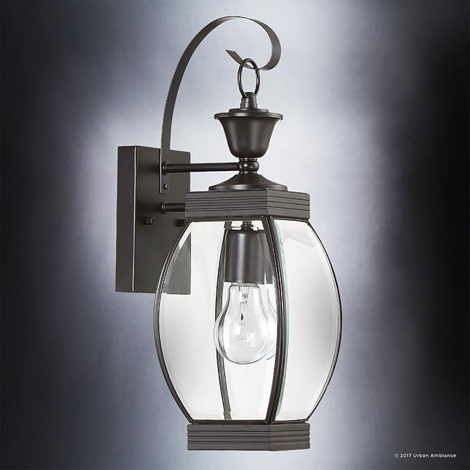 Urban Ambiance Luxury Colonial Outdoor Wall Light, Medium Size: 17" H x 5.5" W, with Transitional Style Elements, Bowed Design, Gorgeous Dark Medieval Bronze Finish and Beveled Glass, UQL1170