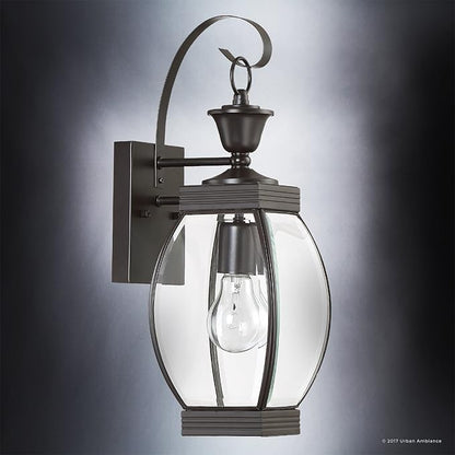 Urban Ambiance Luxury Colonial Outdoor Wall Light, Medium Size: 17" H x 5.5" W, with Transitional Style Elements, Bowed Design, Gorgeous Dark Medieval Bronze Finish and Beveled Glass, UQL1170