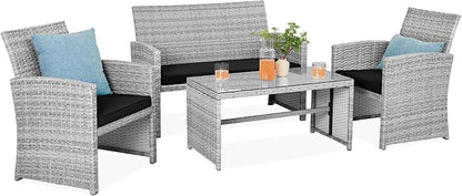 Best Choice Products 4-Piece Outdoor Wicker Patio Conversation Furniture Set for Backyard w/Coffee Table, Seat Cushions - Gray/Black