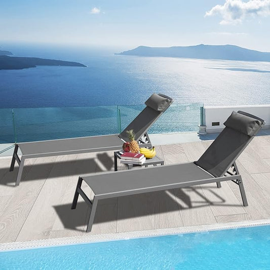 Domi Patio 3 Pieces Aluminum Textilene Chaise Lounge Set with Side Table Outdoor,Adjustable Back&Pillow for Yard,Garden,Sunbathing,for All Seasons,Gray