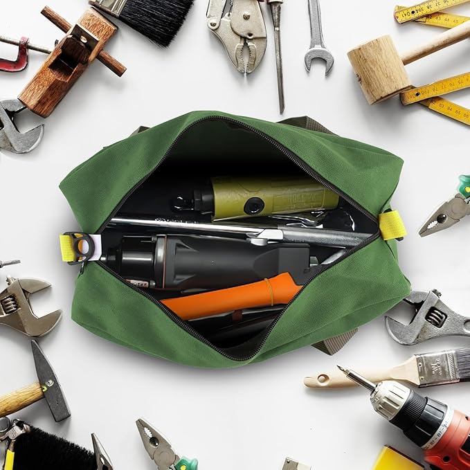 Small Tool Bag, Canvas Tool Storage Bag, Large Capacity Multipurpose Zipper Soft Tote Organizer Pouch for Electrician, Plumbing, Gardening,Tools Bags for Men (Green, 13 Inch)