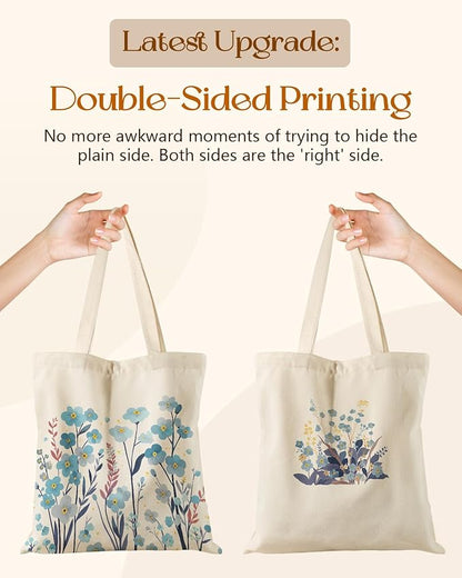Miss Adola Canvas Tote Bag for Women – Aesthetic Canvas Bag with Zipper Cute Stylish Reusable Shoulder Totes for Shopping Work Daily Vacation, Blue Flowers